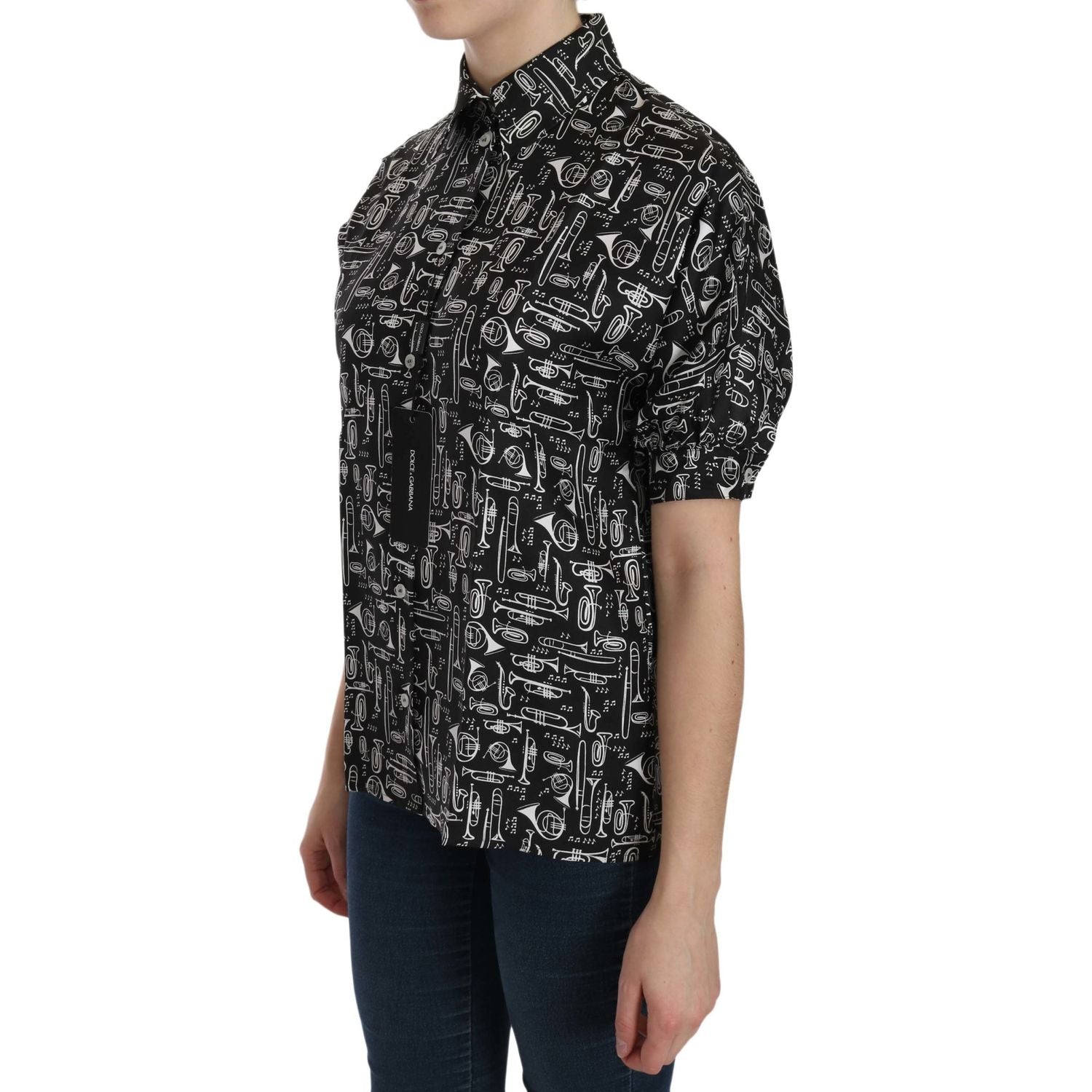 Dolce & Gabbana Black Musical Instrument Collared Blouse Shirt