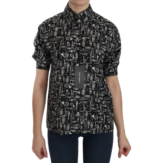 Dolce & Gabbana Black Musical Instrument Collared Blouse Shirt TSH3115-36
