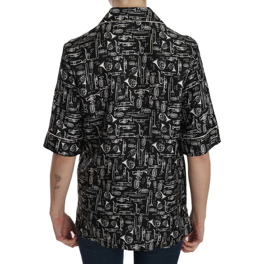 Dolce & Gabbana Black Musical Instrument Print Silk Top TSH3116-36