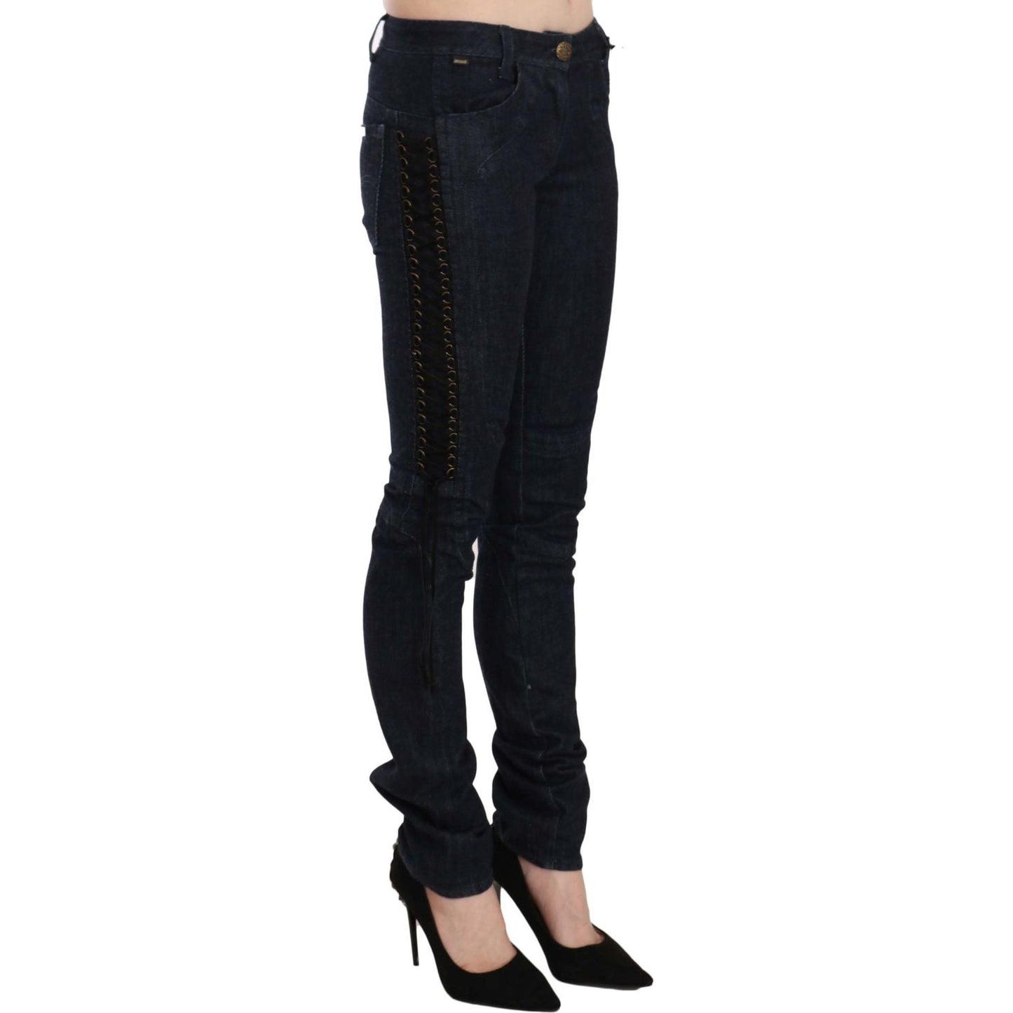 Just Cavalli Blue Low Waist Skinny Trousers Braided String Pants Jeans & Pants
