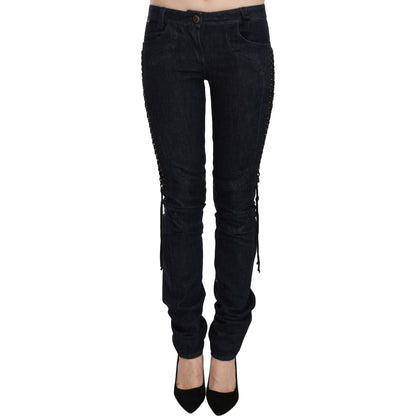 Just Cavalli Blue Low Waist Skinny Trousers Braided String Pants Jeans & Pants