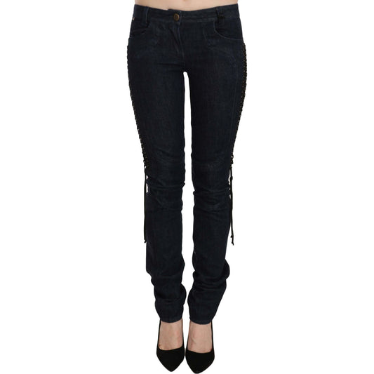 Just Cavalli Blue Low Waist Skinny Trousers Braided String Pants PAN70321-26