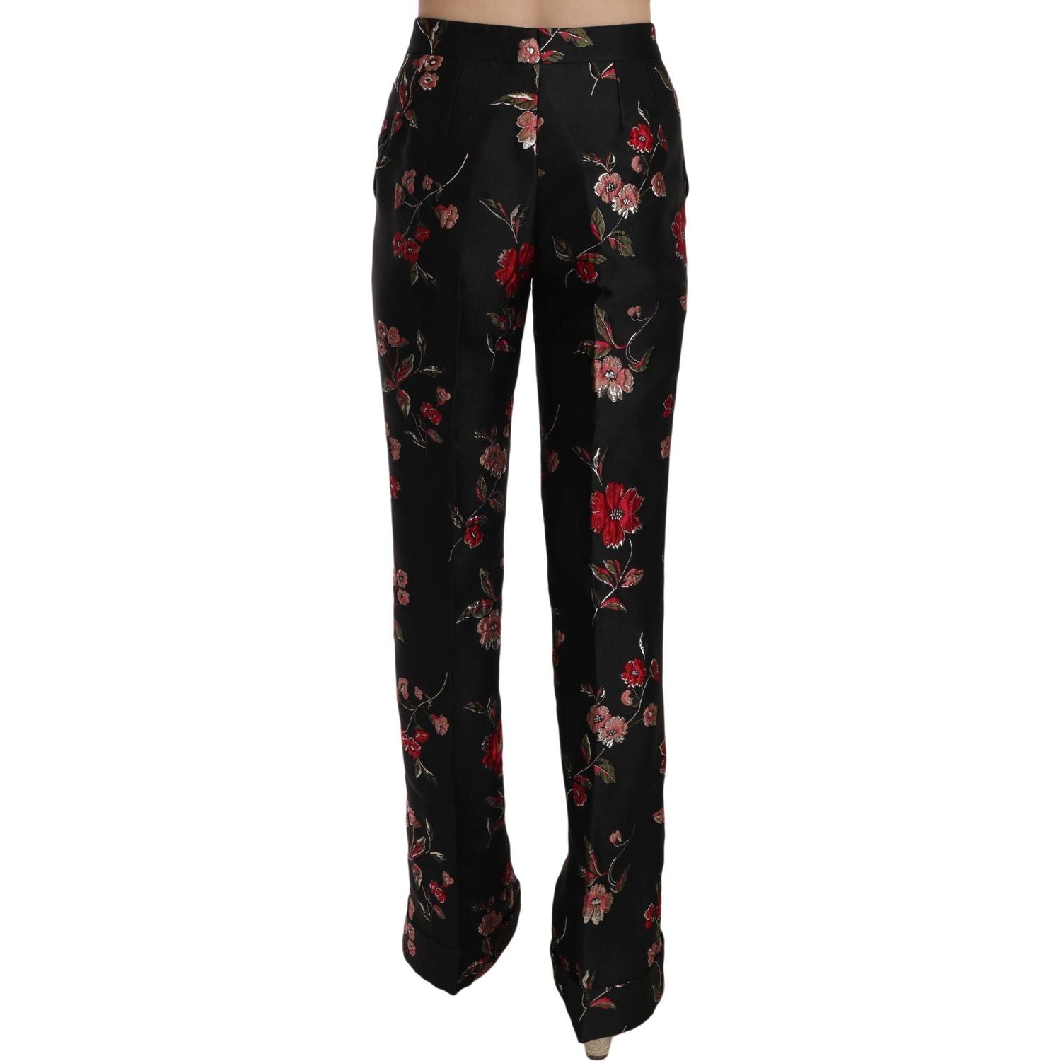 Dolce & Gabbana Floral Print Black Boot Cut Trouser Pants