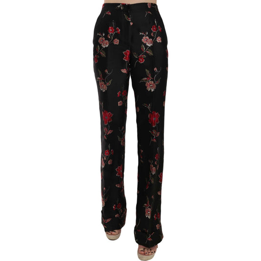 Dolce & Gabbana Floral Print Black Boot Cut Trouser Pants PAN70009-38