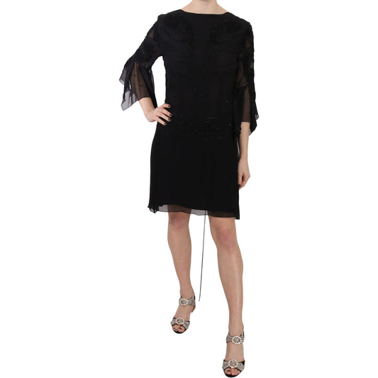 John Richmond Black Sequined Silk Mini Shift Gown DR1672-44