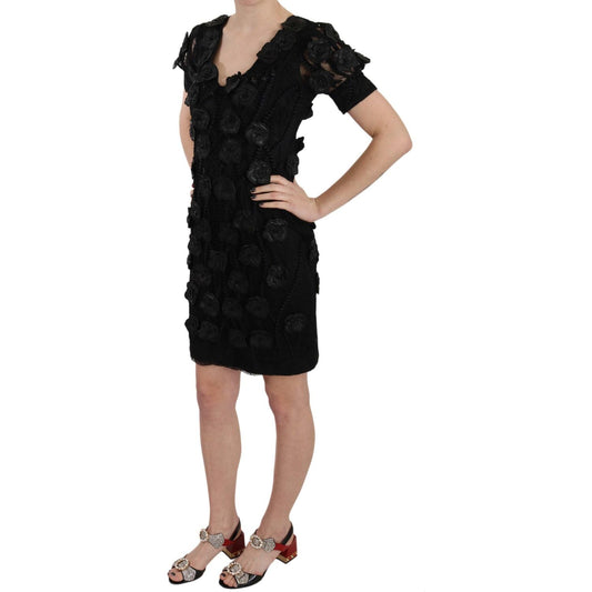 John Richmond Black Silk Leather Flowers Sheath Dress DR1677BG-42