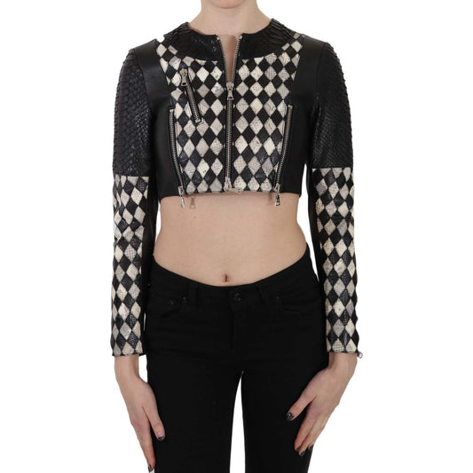 John Richmond Black White Leather Short Cropped Biker Jacket Coat TSH3270-38