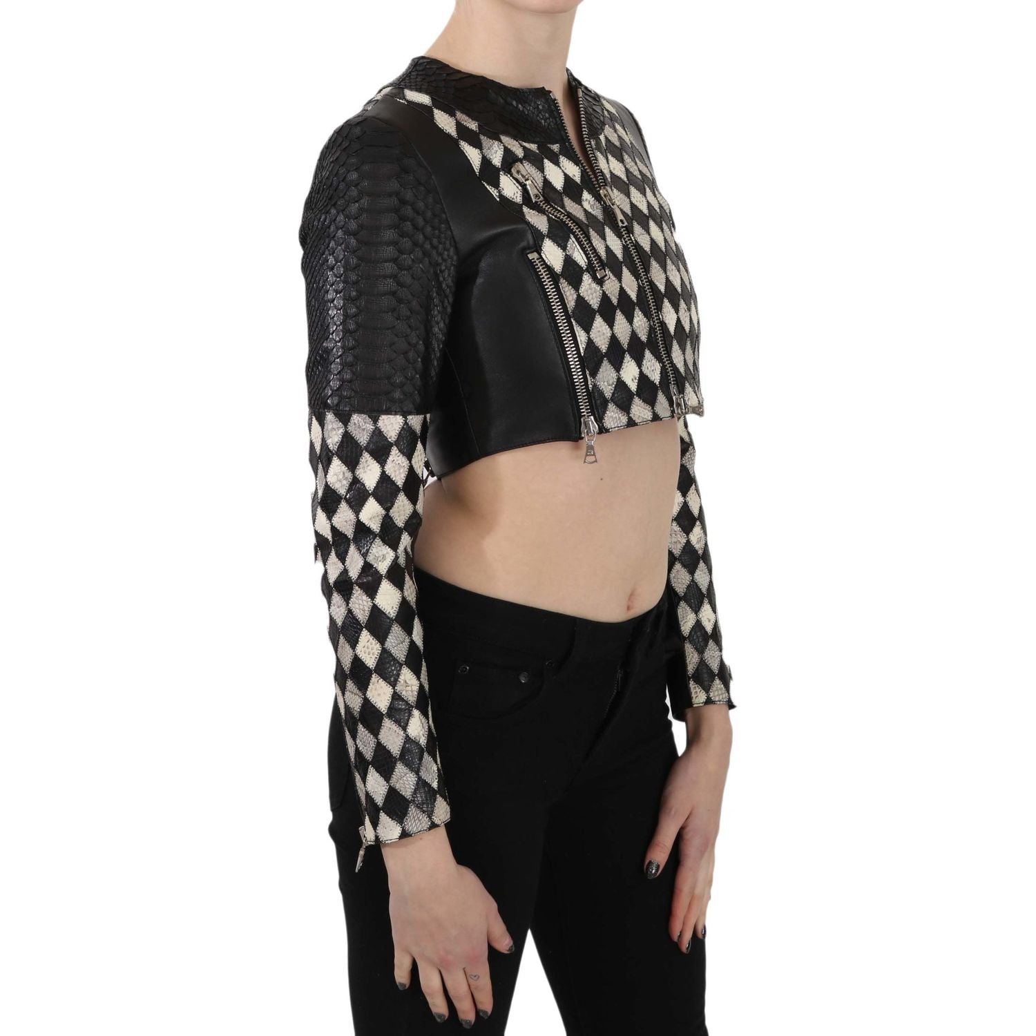 John Richmond Black White Leather Short Cropped Biker Jacket Coat