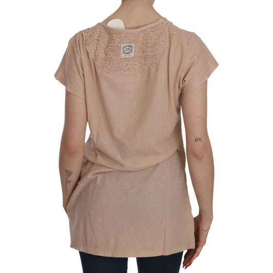 PINK MEMORIES Pink Cream Lace Short Sleeve Shirt Top Cotton Blouse TSH3906-44