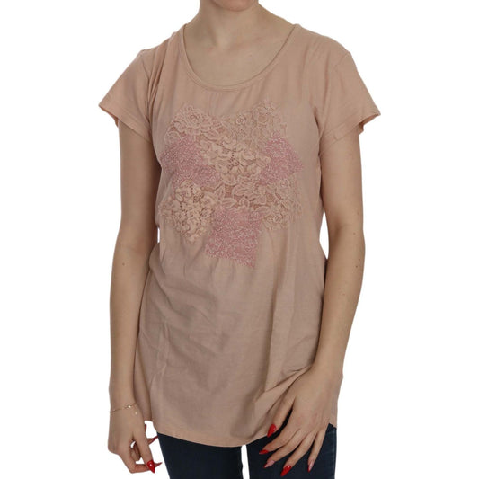 PINK MEMORIES Pink Cream Lace Short Sleeve Shirt Top Cotton Blouse