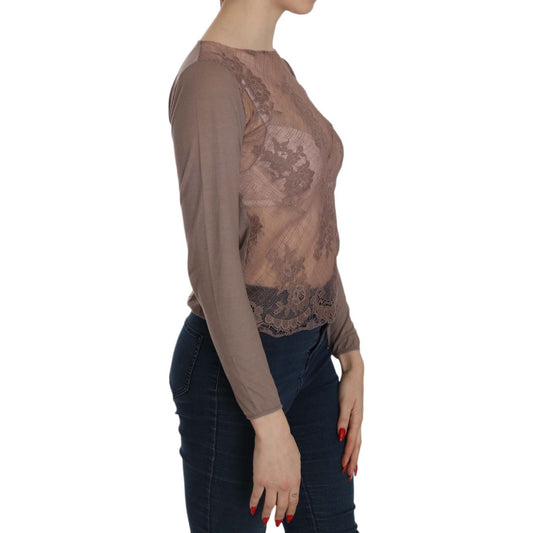 PINK MEMORIES Brown Lace See Through Long Sleeve Top TSH3913-40