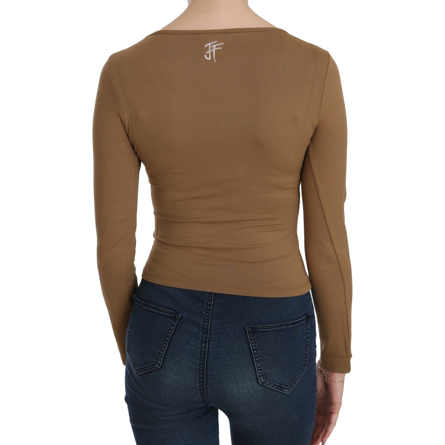 GF Ferre Brown Long Round Neck Sleeve Fitted Shirt Tops Blouse TSH3931-38