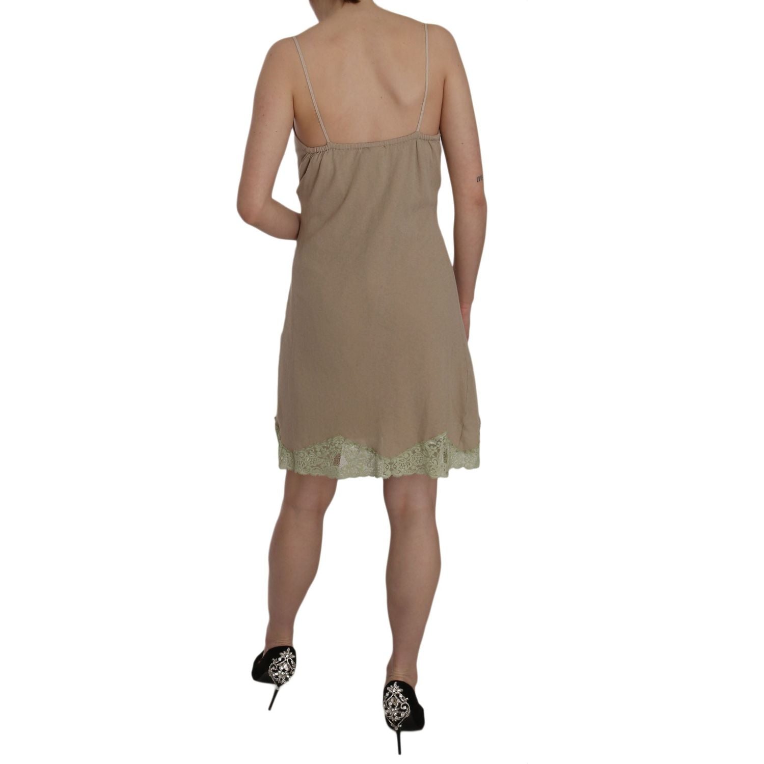 PINK MEMORIES Beige Lace Spaghetti Strap Mini Cotton Dress