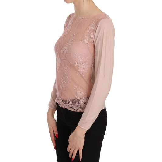 PINK MEMORIES Pink Lace See Through Long Sleeve Top Blouse TSH3453-42