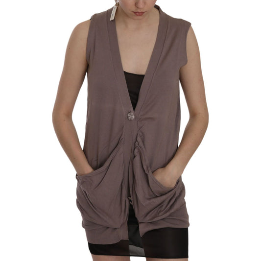 PINK MEMORIES Brown 100% Cotton Sleeveless Cardigan Top Vest TSH3463-38