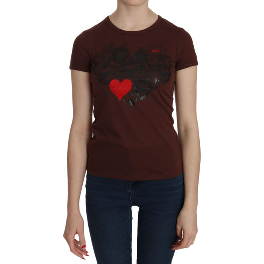 Exte Brown Heart Print Crew Neck T-shirt Short Sleeve Blouse TSH3716-42