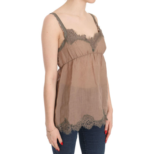 PINK MEMORIES Brown Lace Spaghetti Strap Plunging Top Blouse TSH3835-44