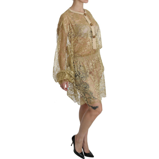 Dolce & Gabbana Gold Lace See Through A-Line Knee Length Dress DR2079-40