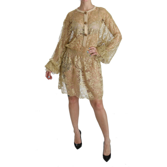Dolce & Gabbana Gold Lace See Through A-Line Knee Length Dress DR2079-40