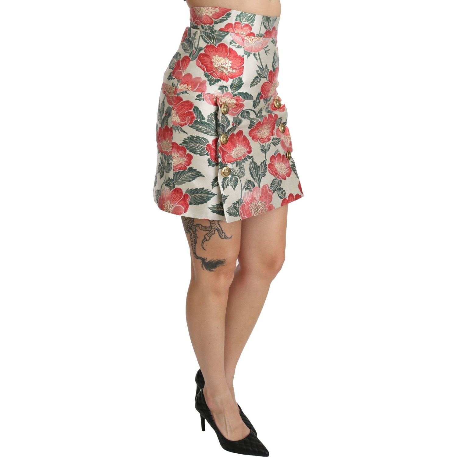 Dolce & Gabbana White Green Red Floral High Waist Mini Skirt