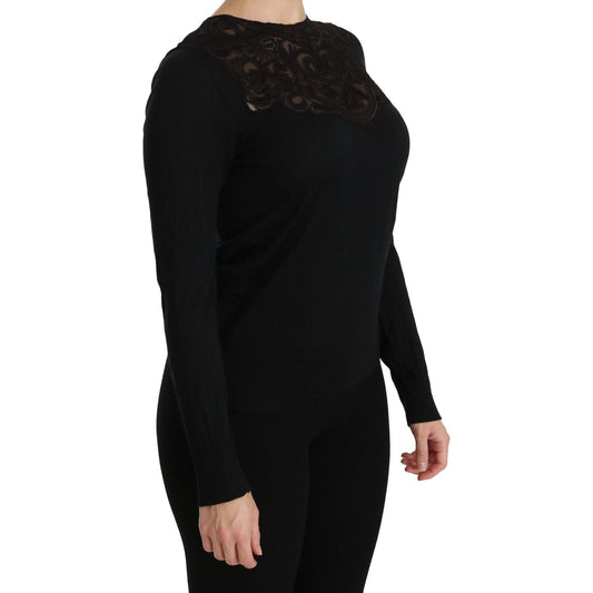 Dolce & Gabbana Black Silk Lace Crew Neck Long Sleeve Blouse TSH4245-40