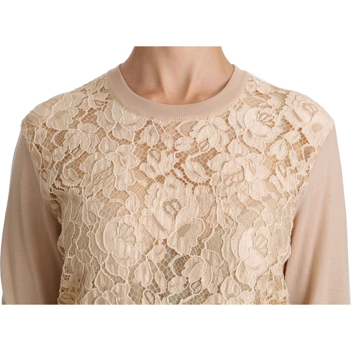 Dolce & Gabbana Beige Lace Long Sleeve Top Cashmere Blouse