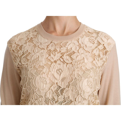 Dolce & Gabbana Beige Lace Long Sleeve Top Cashmere Blouse