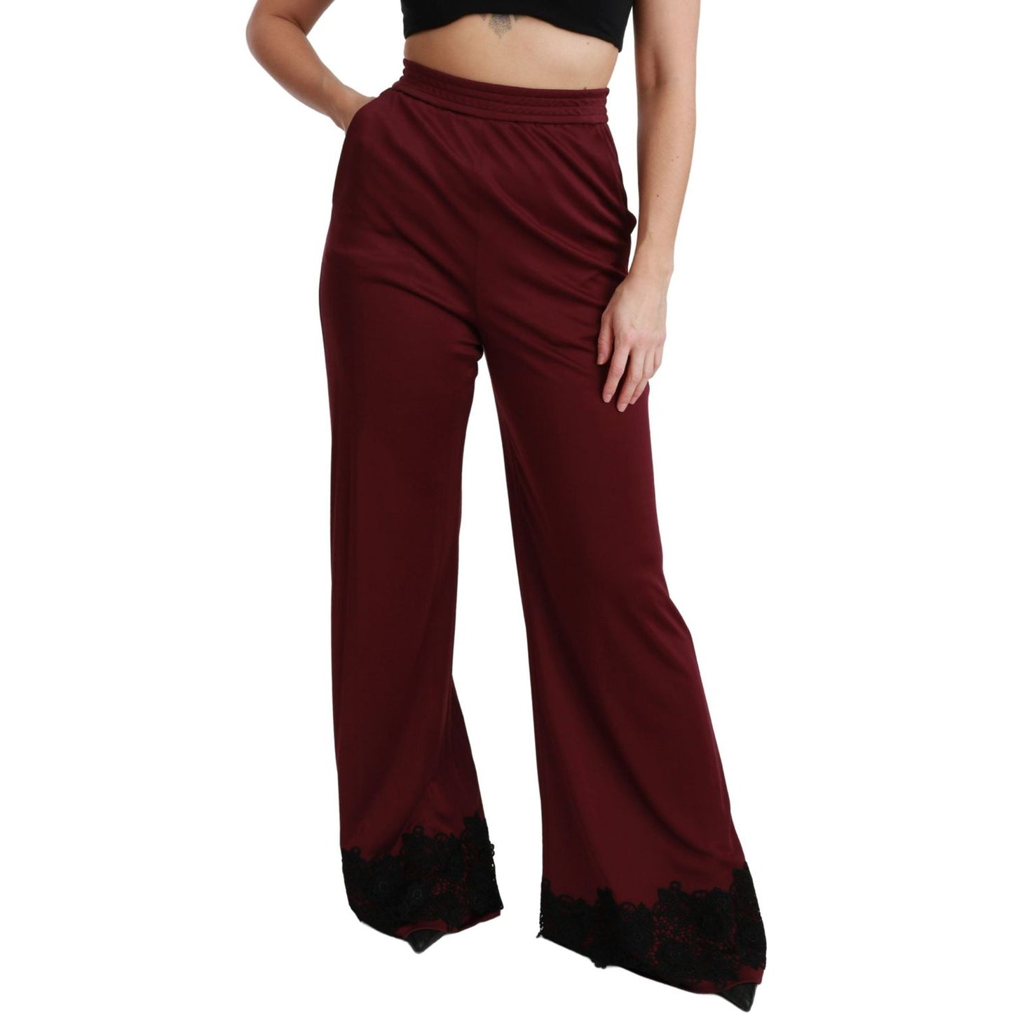 Dolce & Gabbana Black Lace High Waist Wide Leg Maroon Pants Jeans & Pants