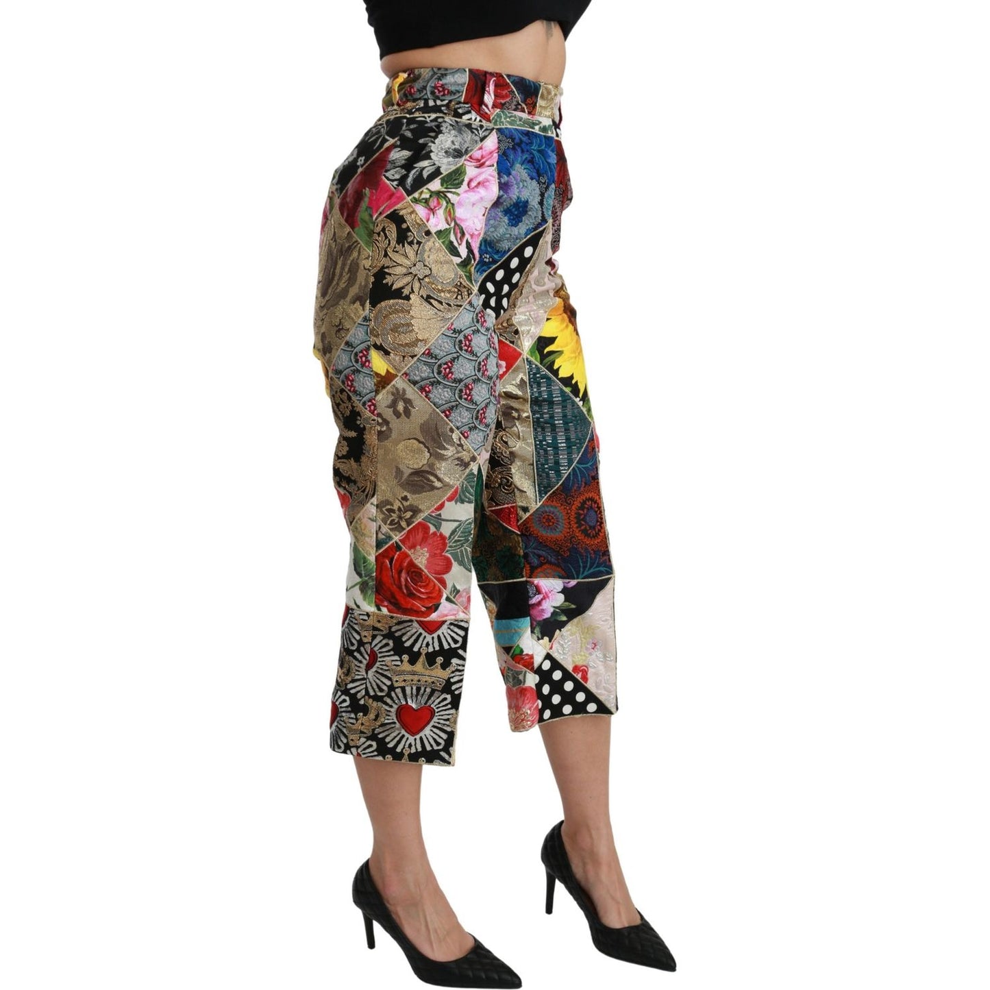 Dolce & Gabbana Silk Multicolor Print High Waist Cropped Pants