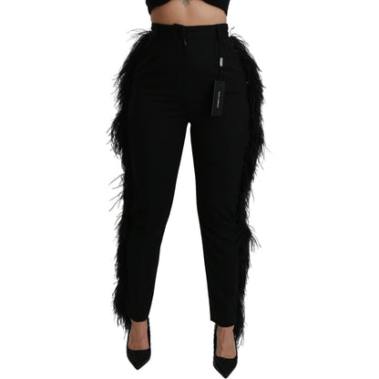 Dolce & Gabbana Black Feather Straight High Waist Wool Pants Pants