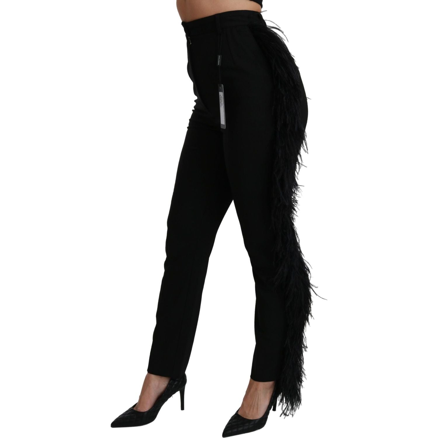 Dolce & Gabbana Black Feather Straight High Waist Wool Pants