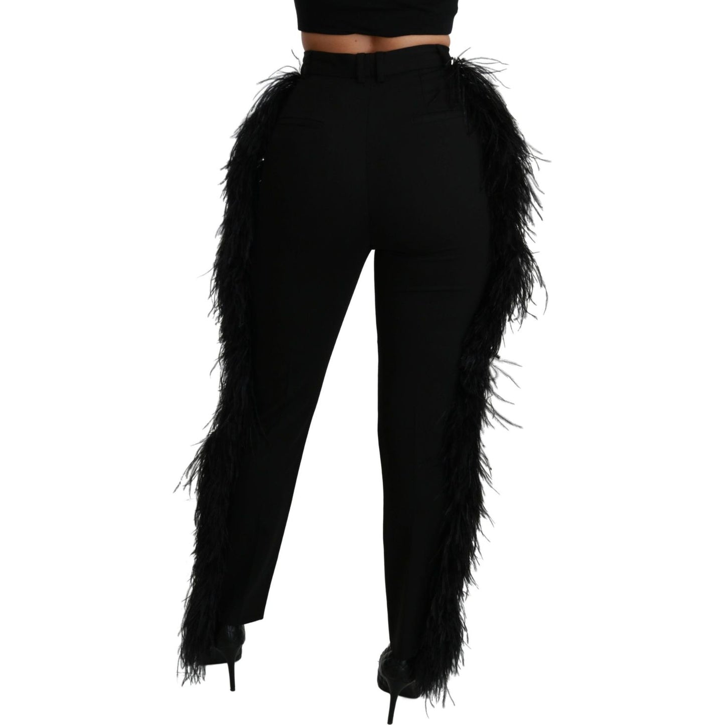 Dolce & Gabbana Black Feather Straight High Waist Wool Pants Pants