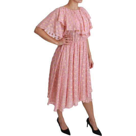 Dolce & Gabbana Silk Pink Polka Dots Pleated A-line Midi Dress DR2520-40