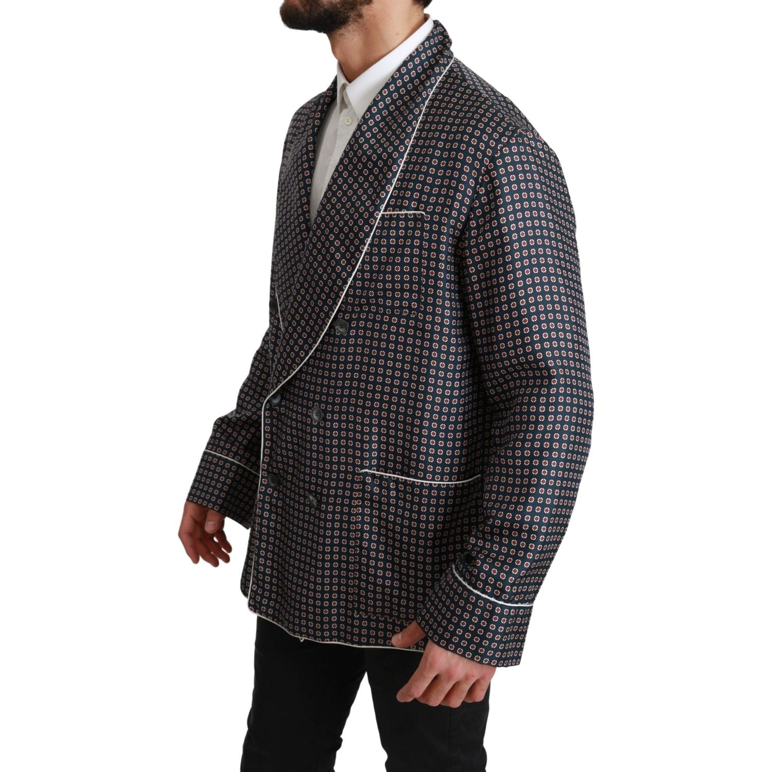 Dolce & Gabbana Navy Blue Patterned Double Breasted Coat Jacket