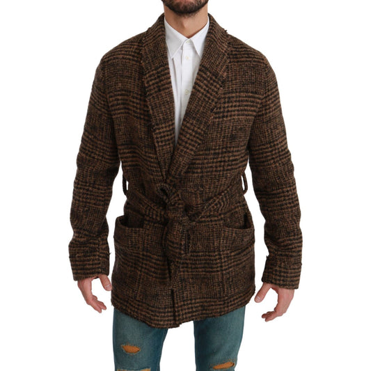 Dolce & Gabbana Brown Checkered Wool Robe Coat Wrap Jacket JKT2623-44
