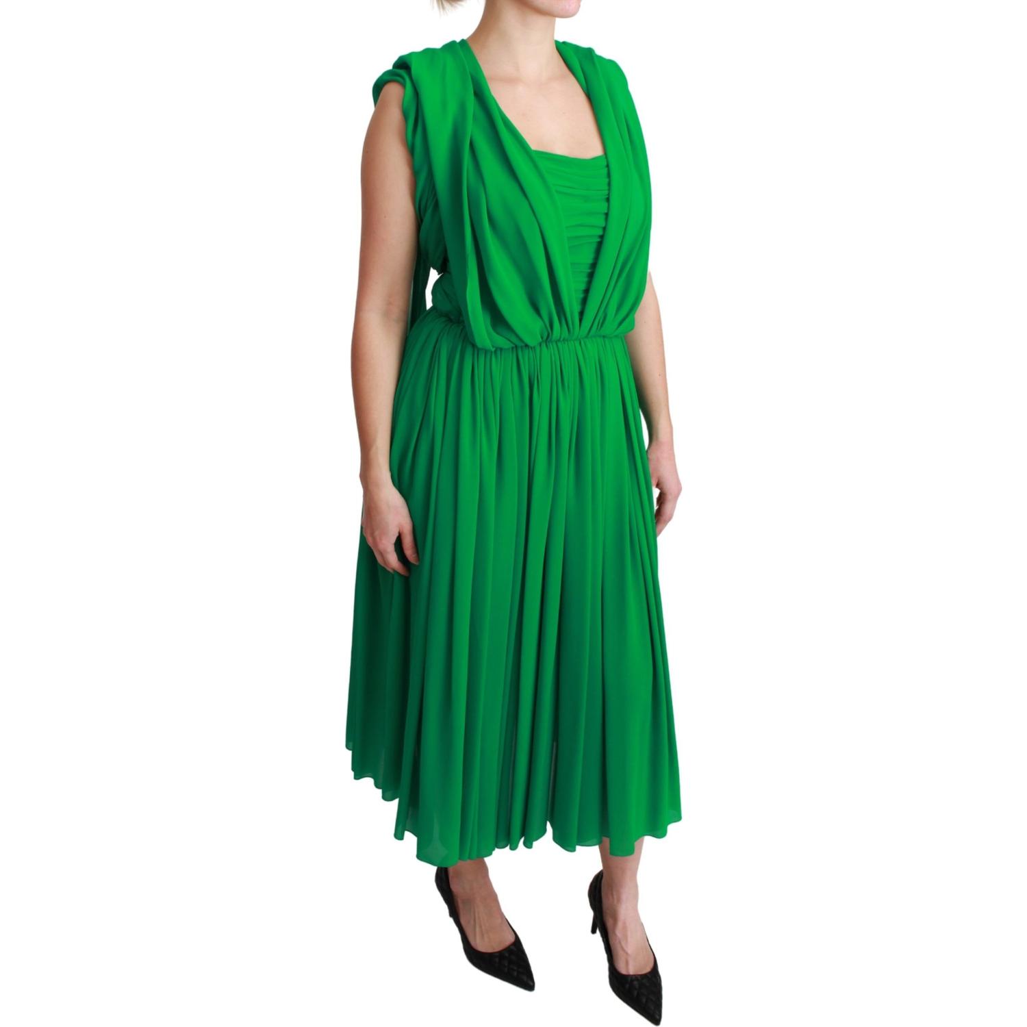 Dolce & Gabbana 100% Silk Green Sleeveless Pleated Maxi Dress