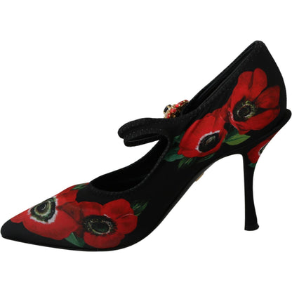 Dolce & Gabbana Black Red Floral Mary Janes Pumps Shoes Shoes