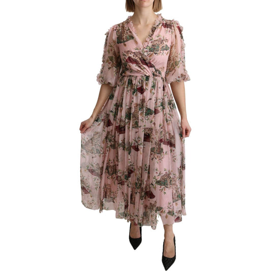 Dolce & Gabbana Pink Bengal Cat Print A-line Maxi Silk Dress DR2604-38
