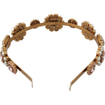 Dolce & Gabbana Gold Tiara Crystal Floral Pearl Headband Logo Diadem SMY100156