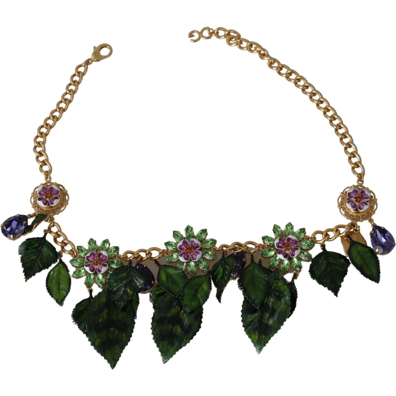 Dolce & Gabbana Green Leaves Gold Brass Crystal Flower Pendant Necklace