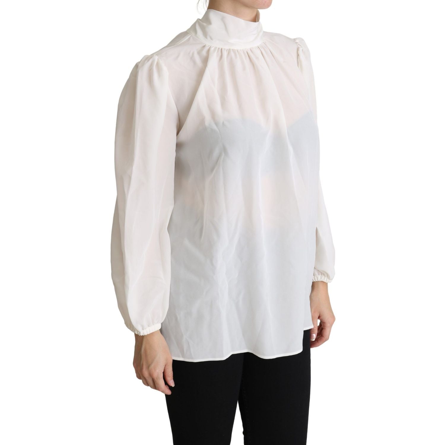 Dolce & Gabbana White Silk Pussy Bow Long Sleeved Top Blouse