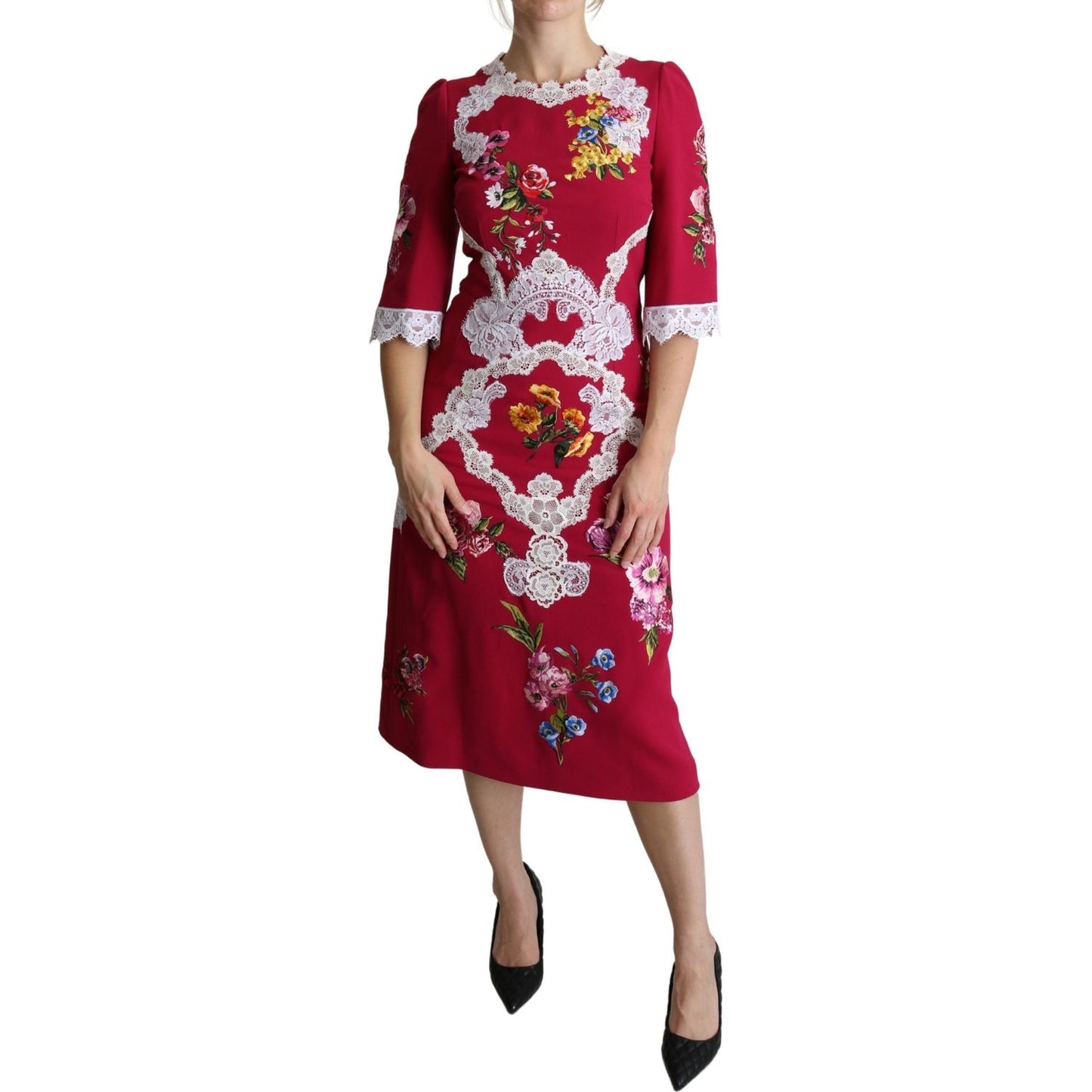 Dolce & Gabbana Red Floral Embroidered Sheath Midi Dress