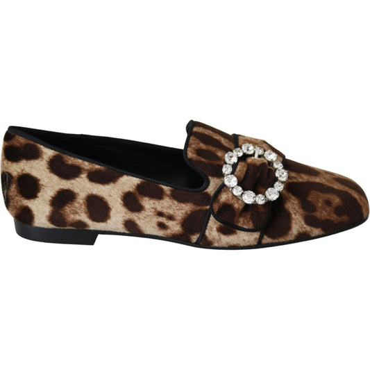 Dolce & Gabbana Brown Leopard Print Crystals Loafers Flats Shoes LA8150-35