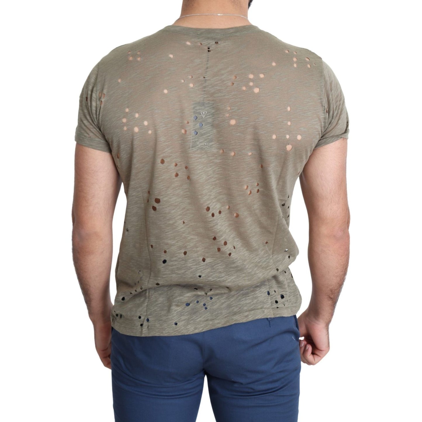 Guess Brown Cotton Stretch Logo Print Men Casual Perforated T-shirt