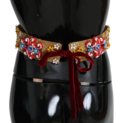 Dolce & Gabbana Embellished Floral Crystal Wide Waist Golden Belt Belt