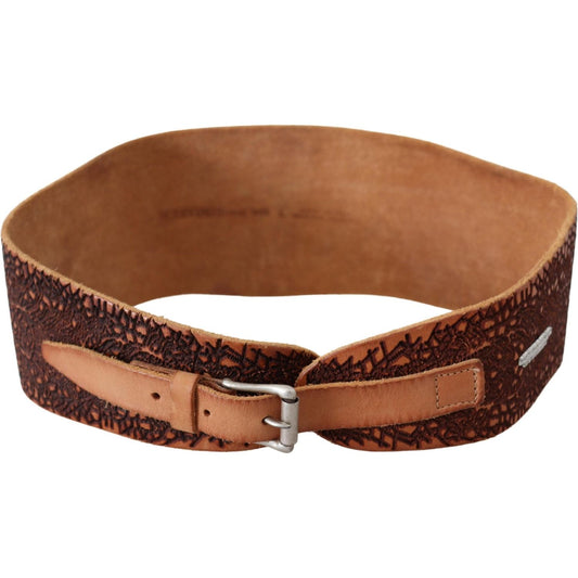 Scervino Street Brown Wide Leather Embroidered Design Logo Belt BEL8158-85