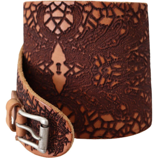 Scervino Street Brown Wide Leather Embroidered Design Logo Belt BEL8158-85
