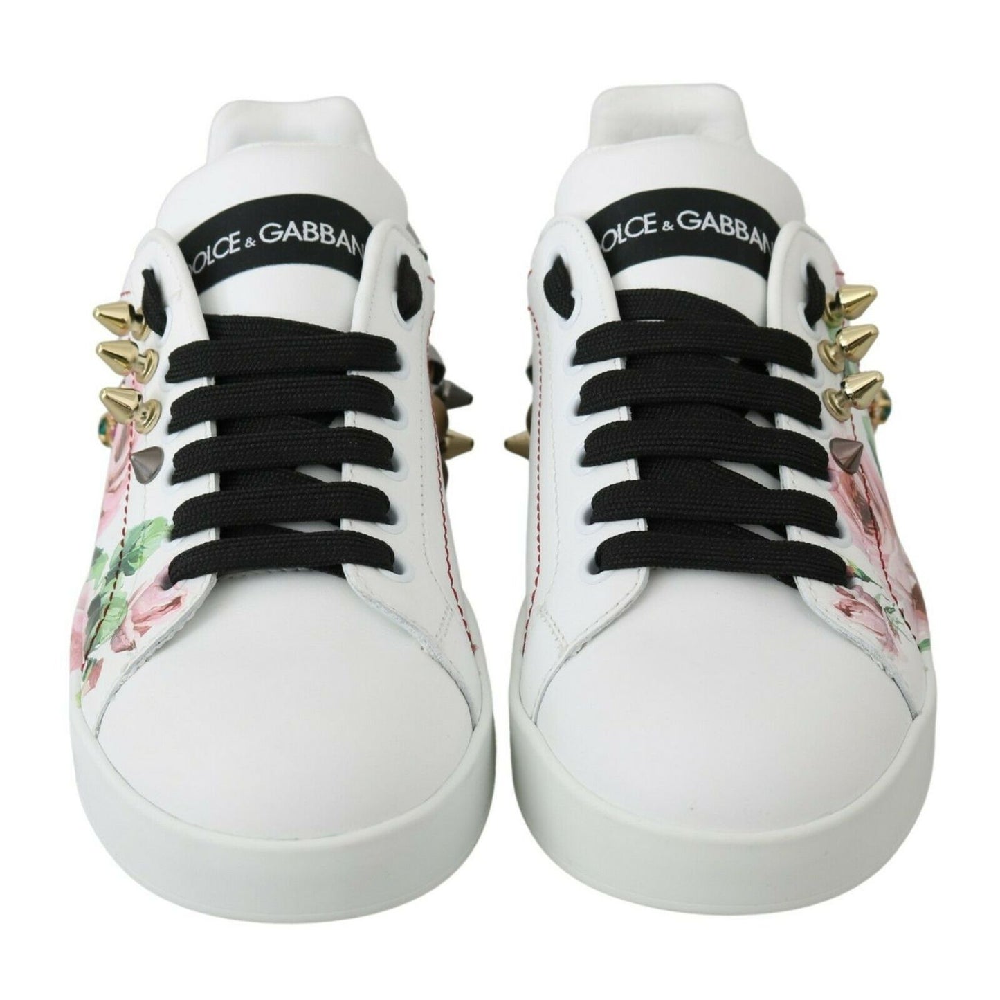 Dolce & Gabbana White Leather Crystal Roses Floral Sneakers Shoes