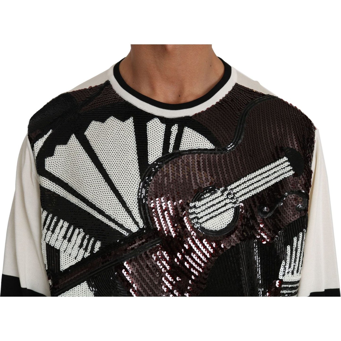 Dolce & Gabbana White Jazz Sequined Guitar Pullover Top Sweater