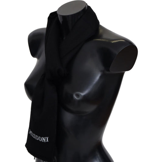Missoni Black 100% Wool Unisex Neck Wrap Fringes Logo Scarf